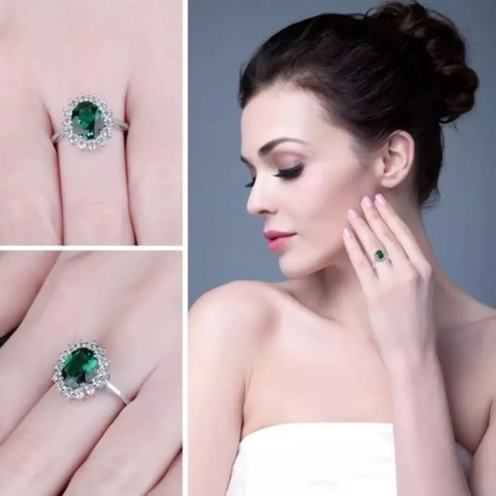 925 Sterling Silver Simulated Green Emerald Engagement Ring